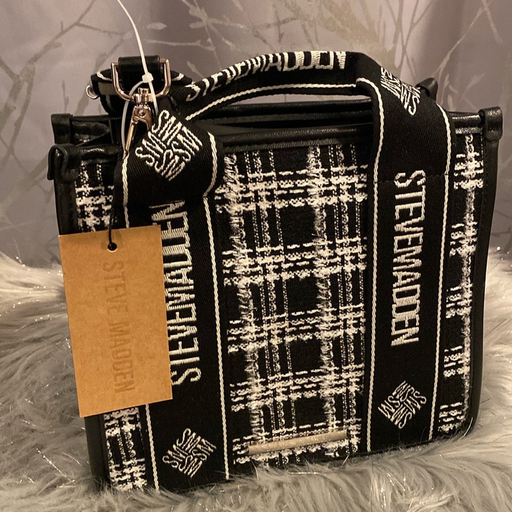 BNWT STEVE MADDEN Bwebber Tweed Silver Shimmer Satchel